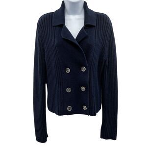 2/$30 Isaac Mizrahi Double Breasted Ribbed Collared Sweater Top Navy Blue